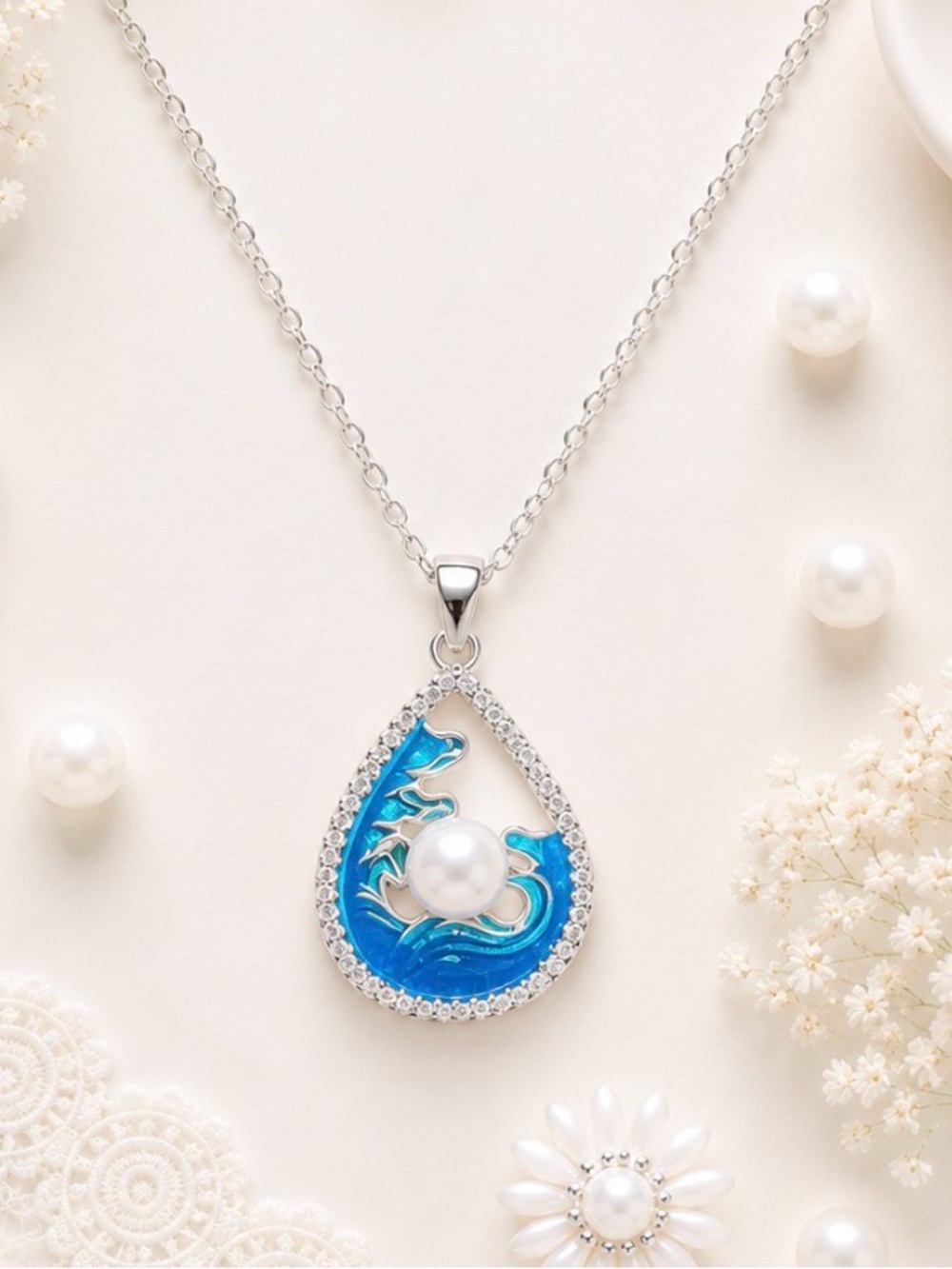 New-Silver Tone Teardrop Blue Enamel Pendant Necklace with Faux Pearl